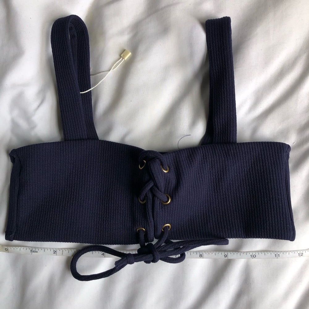 Navy Ribbed Lace Up String Bikini Set - Picture 2 of 5